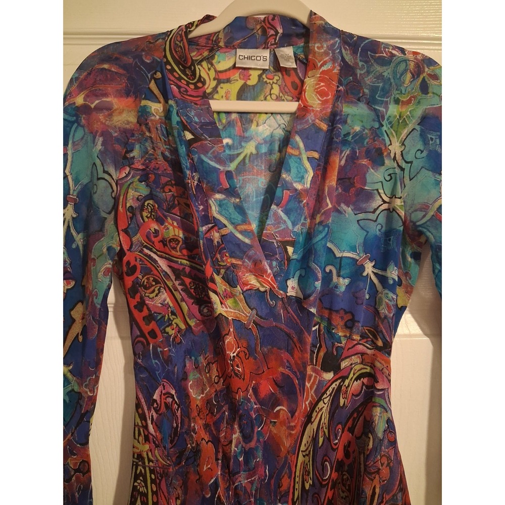 Vintage Chico's 100% Silk Tunic Top Colorful Abstract Paisley Boho Artsy Sheer